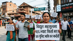 बिजुली उपभोगमा ५ प्रतिशत भ्याट थपेको विरोधमा सडकमा प्लेकार्ड र बिजुलीका मिटर बोकेर प्रदर्शन गर्दै नेपाली नागरिकहरू।