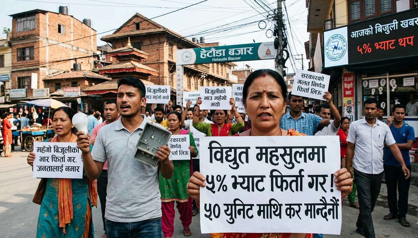 बिजुली उपभोगमा ५ प्रतिशत भ्याट थपेको विरोधमा सडकमा प्लेकार्ड र बिजुलीका मिटर बोकेर प्रदर्शन गर्दै नेपाली नागरिकहरू।