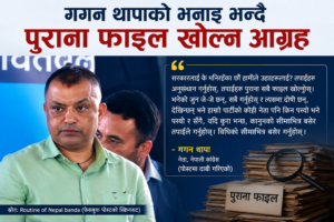 गगन थापाको भनाइ भन्दै बनाइएको समाचार ग्राफिक, जसमा पुराना फाइल खोल्न र कानुनअनुसार अनुसन्धान गर्न आग्रह गरिएको विषय देखाइएको छ।