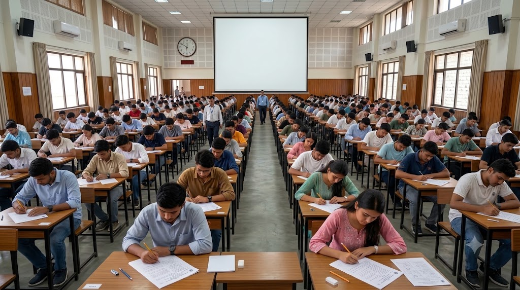 आईओई प्रवेश परीक्षामा सहभागी विद्यार्थीहरू परीक्षा हलमा उत्तर लेख्दै
