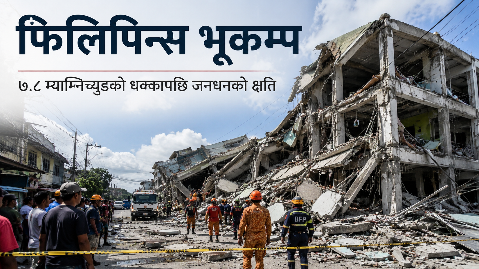 फिलिपिन्समा ७.८ म्याग्निच्युडको भूकम्पपछि भत्किएको भवन, उद्धारकर्मी र सुरक्षाकर्मीहरू क्षति भएको क्षेत्रमा काम गर्दै।