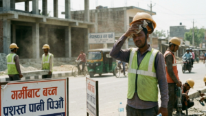 अत्यधिक गर्मीको समयमा नेपालको तराई क्षेत्रको एक व्यस्त सडकको दृश्य। अघिल्लो भागमा (foreground), पहेंलो सेफ्टी हेल्मेट र चम्किलो हरियो ज्याकेट (high-visibility vest) लगाएका एक निर्माण मजदुर गर्मीले थकित देखिँदै कपडाले निधारको पसिना पुछिरहेका छन्। पृष्ठभूमिमा (background), अन्य कामदारहरू सडक निर्माण कार्यमा व्यस्त छन् र धुलाम्मे सडकमा ई-रिक्सा (टम्पू), मोटरसाइकल र साइकलहरू गुडिरहेका देखिन्छन्। बायाँतर्फ नेपाली भाषामा "भविष्यको लागि बलियो घर" र "नेपालगञ्ज विकास आयोजना" लेखिएका सङ्केत बोर्डहरू राखिएका छन्। मौसम निकै उज्यालो र धमिलो देखिन्छ, जसले अत्यधिक र चर्को गर्मीको माहोललाई झल्काउँछ।