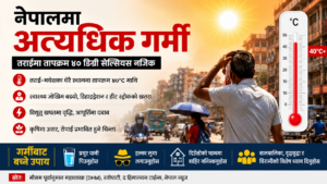 नेपालमा अत्यधिक गर्मीको सूचना इन्फोग्राफिक, तराई क्षेत्रमा तापक्रम ४०°C नजिक पुगेको देखाउँदै। स्वास्थ्य जोखिम, विद्युत् खपत वृद्धि, कृषि प्रभावित, र सुरक्षा उपायहरू: पर्याप्त पानी पिउनु, हल्का कपडा लगाउनु, घरभित्र बस्नु, बालबालिका र वृद्धवृद्धामा विशेष ध्यान।