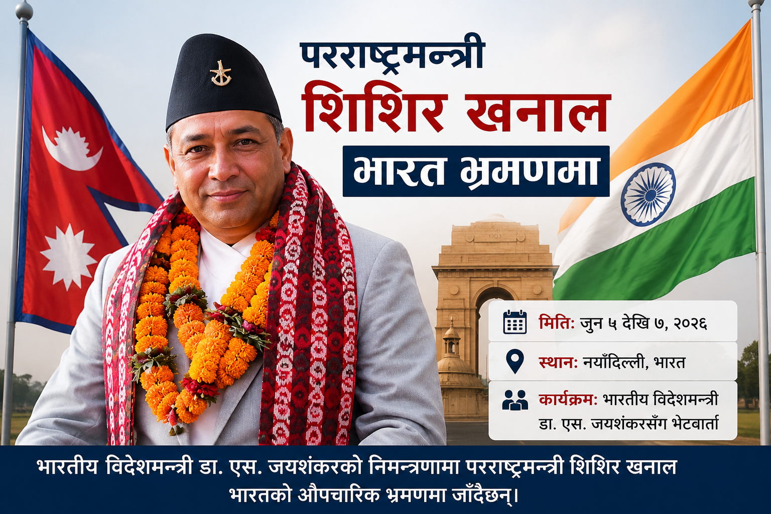 नेपाल र भारतका झण्डासहित परराष्ट्रमन्त्री शिशिर खनालको भारत भ्रमणसम्बन्धी समाचार ग्राफिक