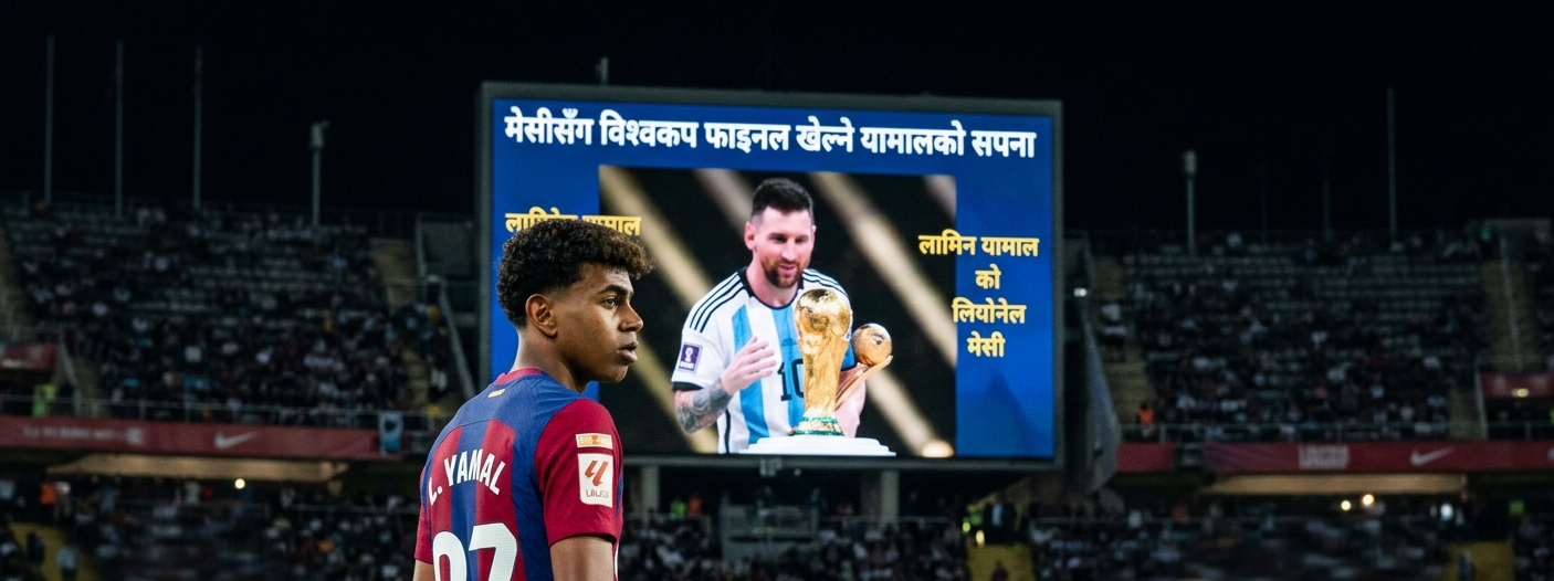 बार्सेलोनाको जर्सी लगाएका लामिन यामाल, वर्ल्ड कप ट्रफी बोकिरहेका लियोनेल मेसीको रंगशालाको स्क्रीन हेर्दैछन्। स्क्रीनमा नेपाली पाठ लेखिएको छ, "मेसीसँग विश्वकप फाइनल खेल्ने लामिन यामालको सपना।"
