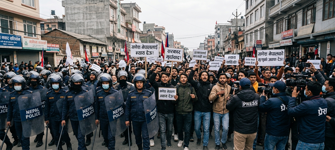 "काठमाडौँको सडकमा युवा प्रदर्शनकारीहरू र नेपाल प्रहरी आमनेसामने उभिएको दृश्य। युवाहरूले हातमा 'गणेश नेपाललाई न्याय देऊ' लेखिएका प्लेकार्डहरू बोकेका छन् भने दङ्गा नियन्त्रण पोशाक, हेल्मेट र ढालसहितका नेपाल प्रहरीका जवानहरू शान्ति सुरक्षा कायम गर्न अगाडि उभिएका छन्। केही सञ्चारकर्मीहरू क्यामरा र मोबाइल फोन लिएर घटनाको कभरेज गरिरहेका छन्।"