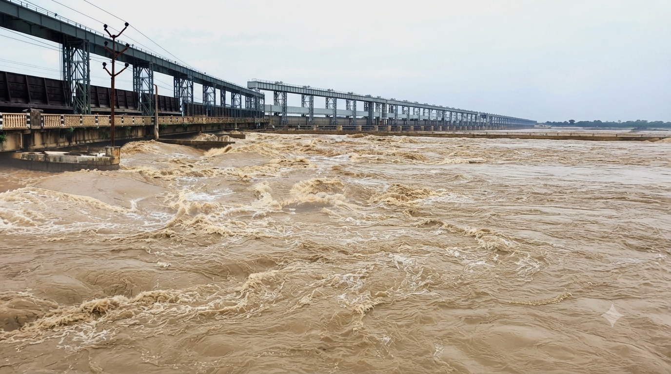 कोशी नदीको उच्च जलस्तर र कोशी ब्यारेजका खोलिएका गेटहरूको दृश्य