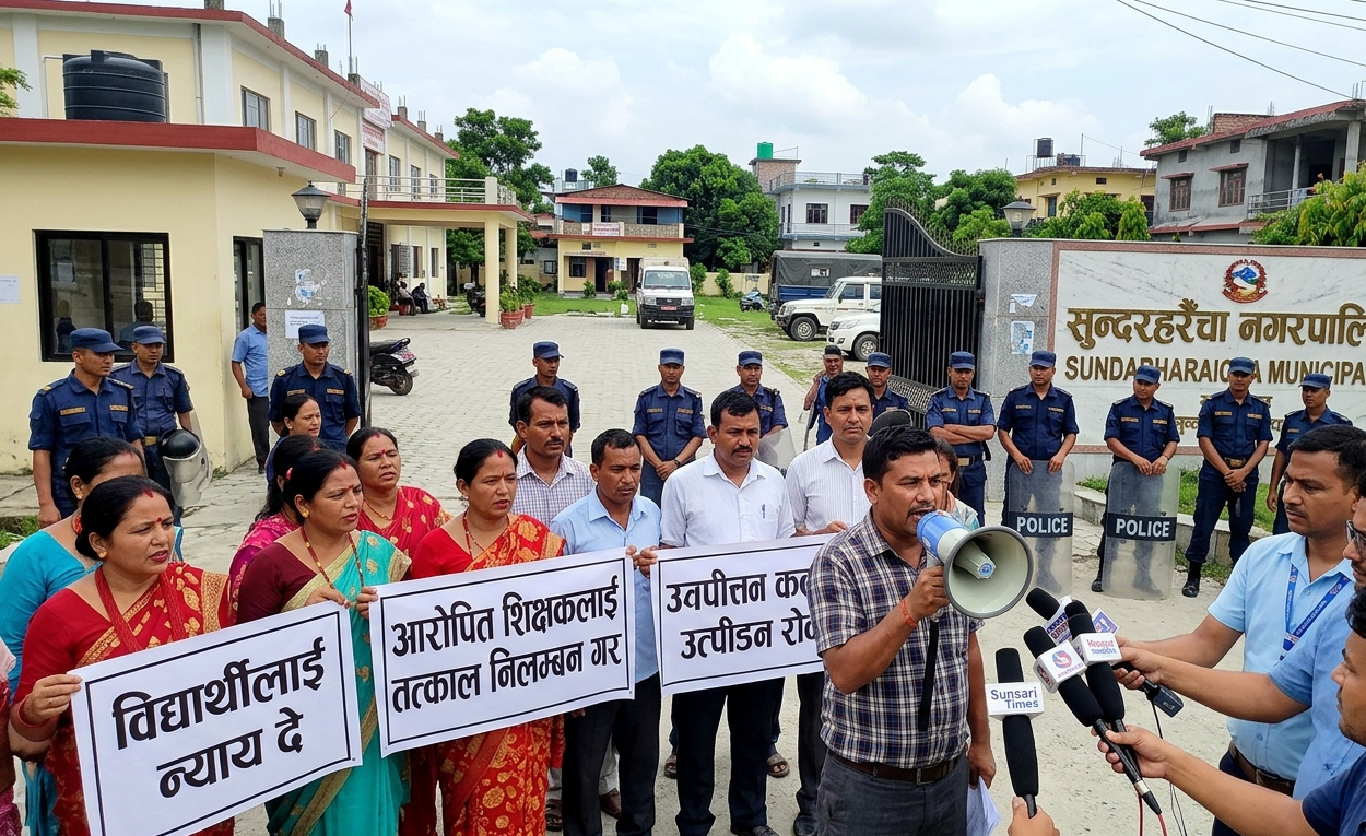 मोरङको सुन्दरहरैंचा नगरपालिका कार्यालय बाहिर विद्यार्थीहरूका लागि न्याय र आरोपित शिक्षक तथा कर्मचारीलाई तत्काल निलम्बनको माग गर्दै प्लेकार्ड बोकेर उभिएका स्थानीय समुदायका सदस्य र अभिभावकहरू।