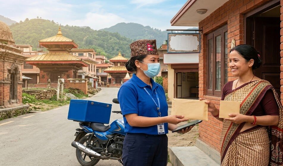 नेपालको ग्रामीण क्षेत्रमा एक पोशाक लगाएकी पोस्टल डेलिभरी कर्मचारीले ब्रिक भवन बाहिर परम्परागत पहिरनमा रहेकी महिलालाई एउटा खाम हस्तान्तरण गरिरहेकी छन्, पृष्ठभूमिमा मन्दिर र हरिया डाँडाकाँडा देखिन्छन्।
