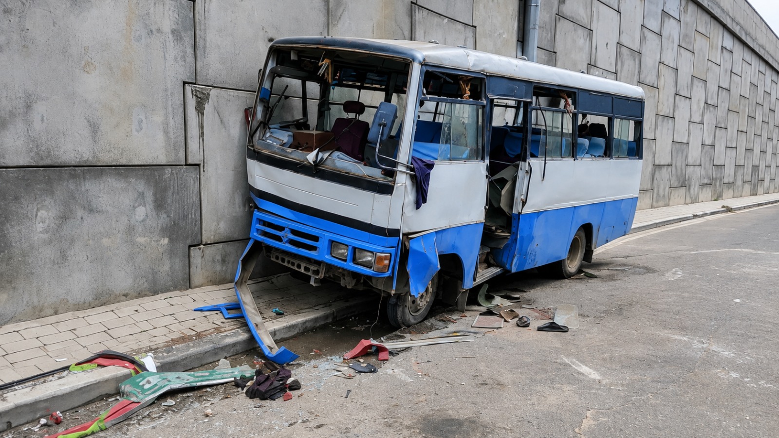 ग्वार्को फ्लाइओभरमा दुर्घटनाग्रस्त भएको निलो र सेतो बसको दृश्य