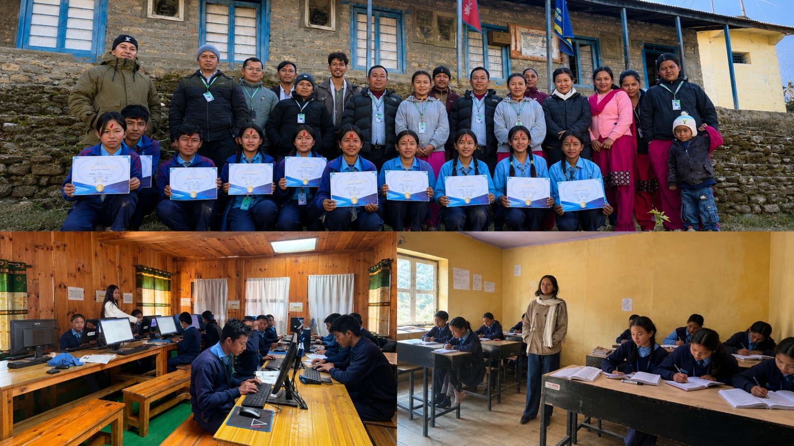 नेपालको सामुदायिक विद्यालयमा प्रमाणपत्रसहित विद्यार्थी र शिक्षकको समूह तथा कम्प्युटर र कक्षाकोठामा अध्ययनरत विद्यार्थी।